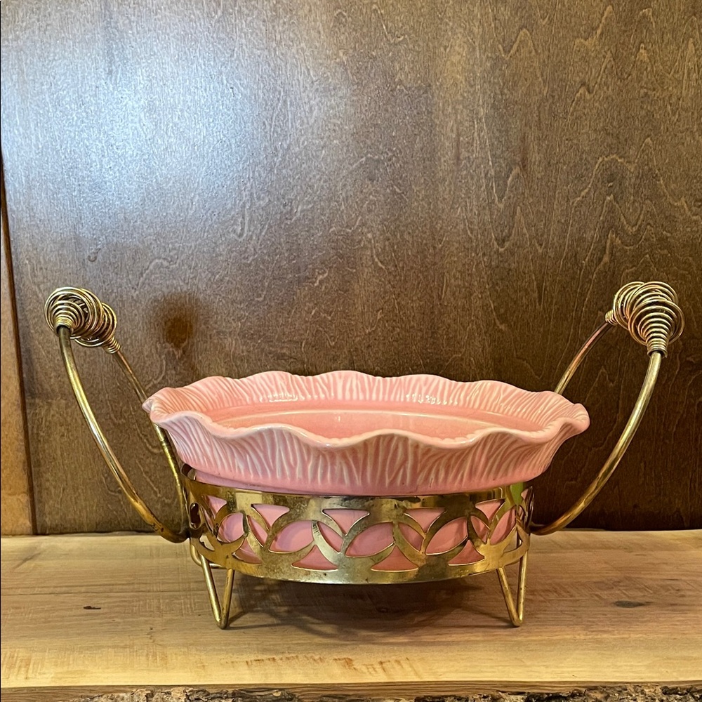 Vintage Miramar of California Pink Ceramic Dish with Gold Metal Stand